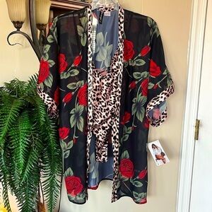 Brand New Dreamgirl Leopard Print Teddy & Robe Set Satin Chiffon Red Rose